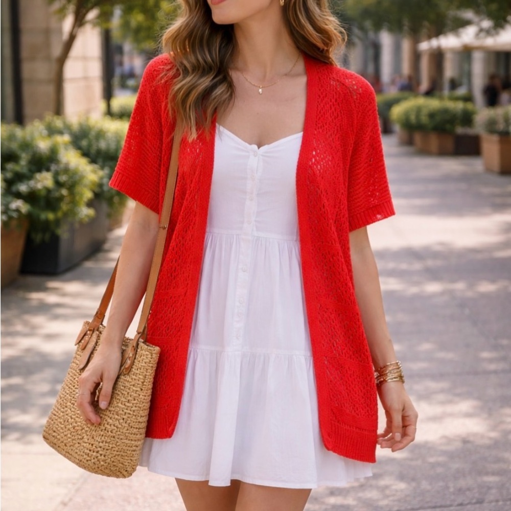 Guinevere Anthropologie Orange Open Knit‎ Boho Cardigan Sweater